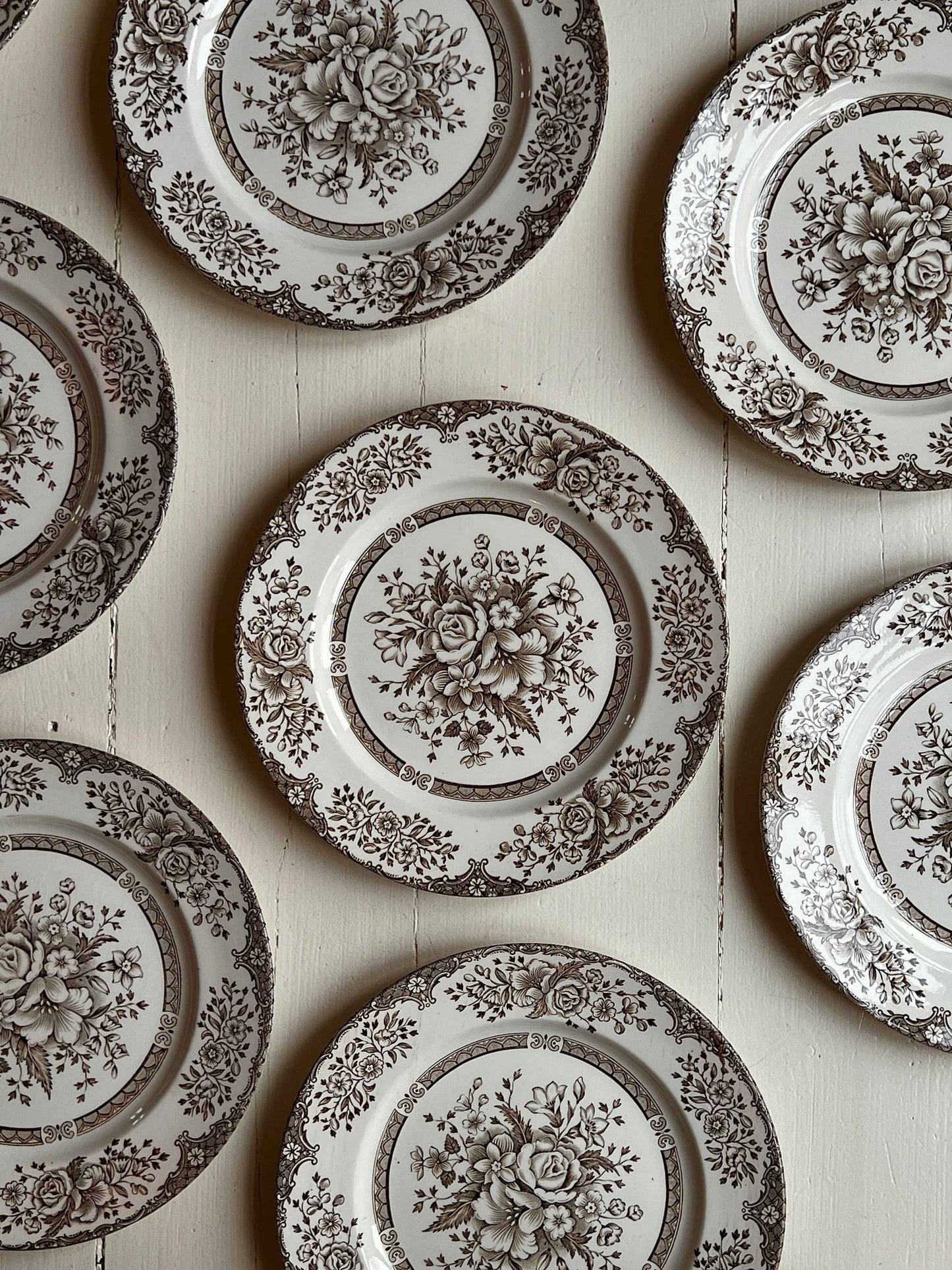 Engelske middagstallerkener med brunt motiv