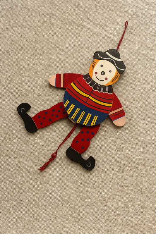 Vintage træ-juleklovn med træksnor