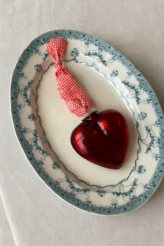 Fransk glashjerte med sløjfe af vintage tekstil