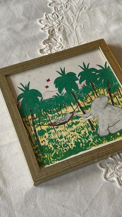Babar illustration i træramme - Babar og mor i junglen