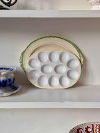 Vintage porcelænsbakke til æg med gul kant · L24 x B16,5 cm