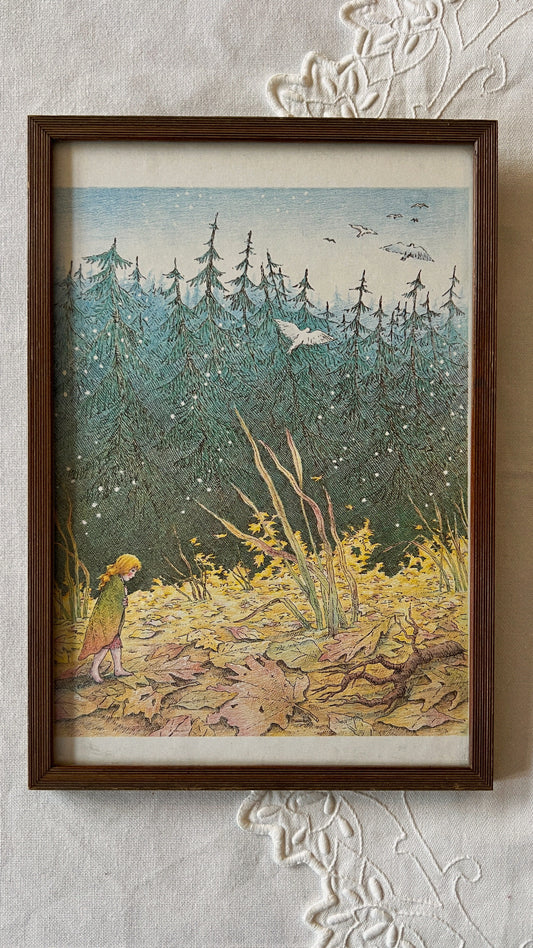 Tommelise illustration i træramme - efterårsskovbund