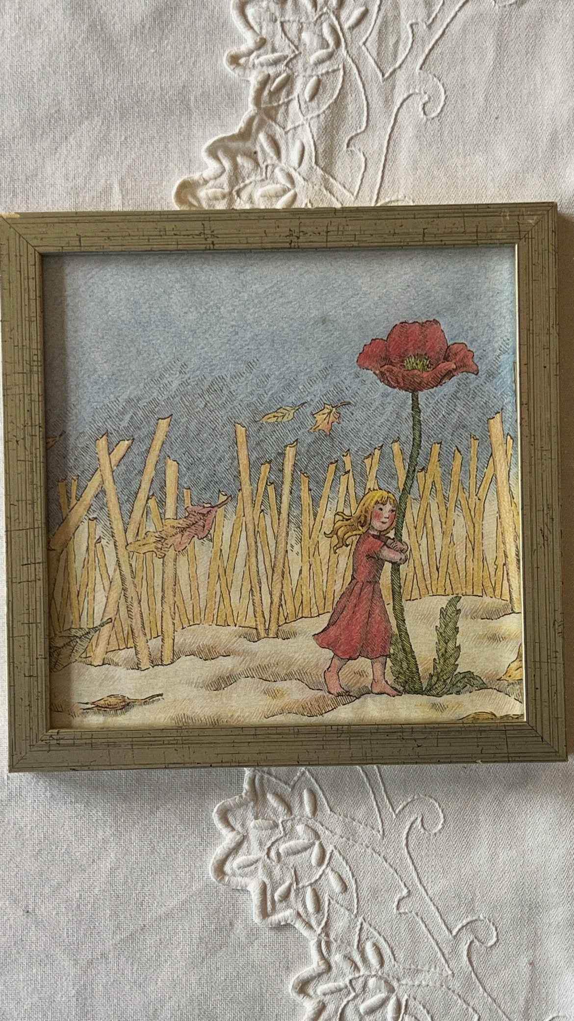 Tommelise illustration i træramme - valmue