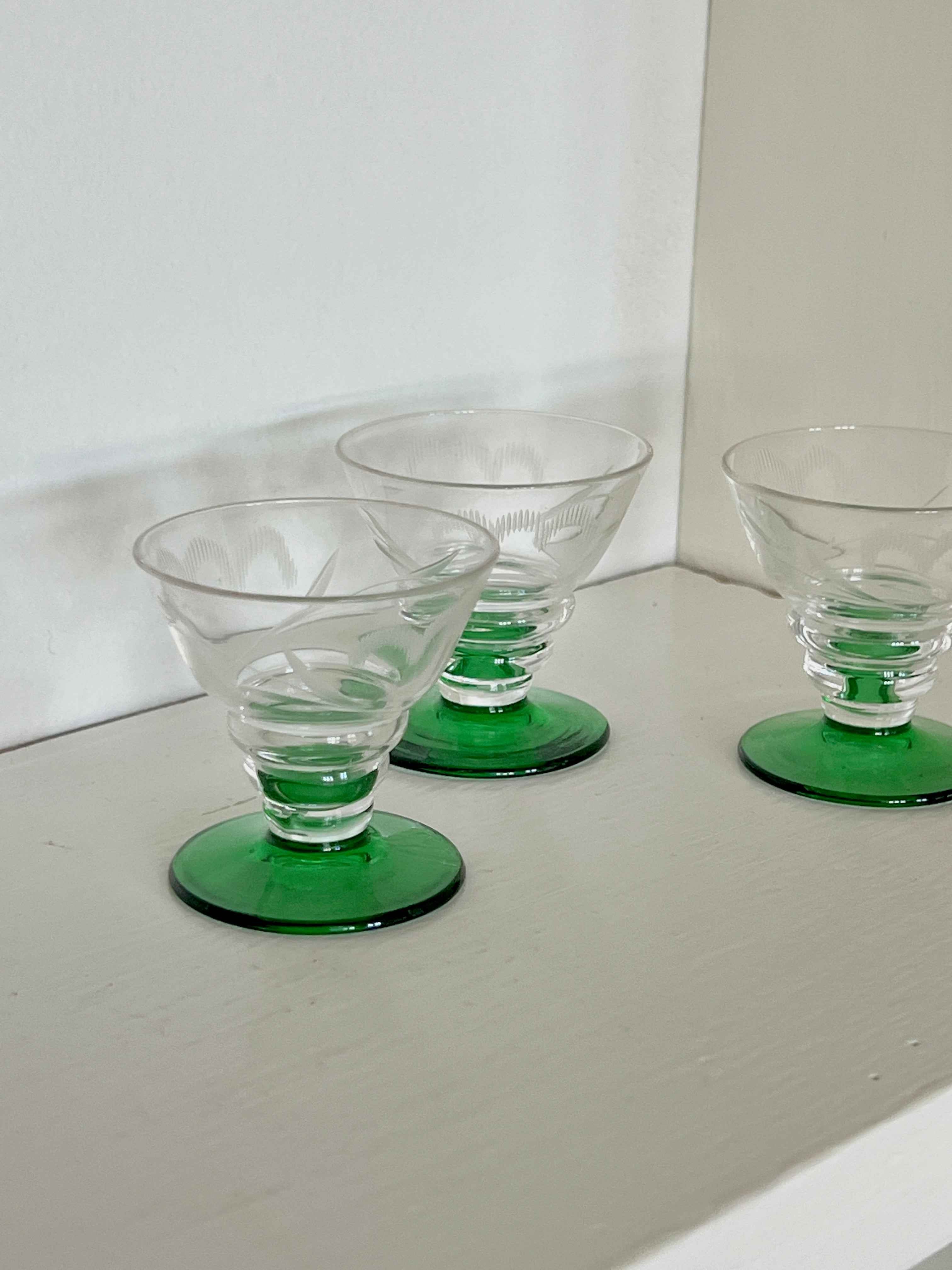 Vintage grønfodede snapseglas (sæt af 3)