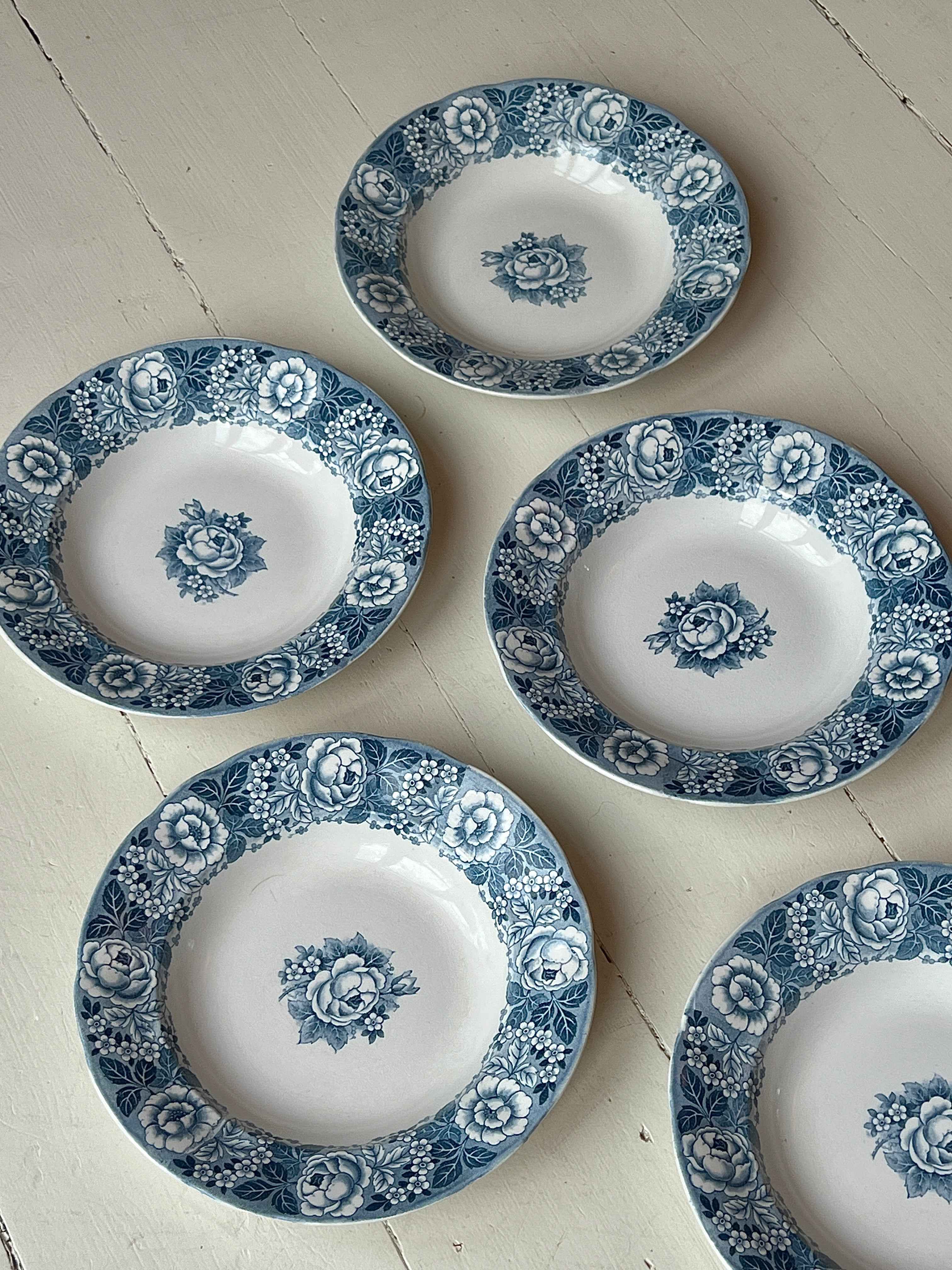 Pastatallerkener med blå blomsterkant