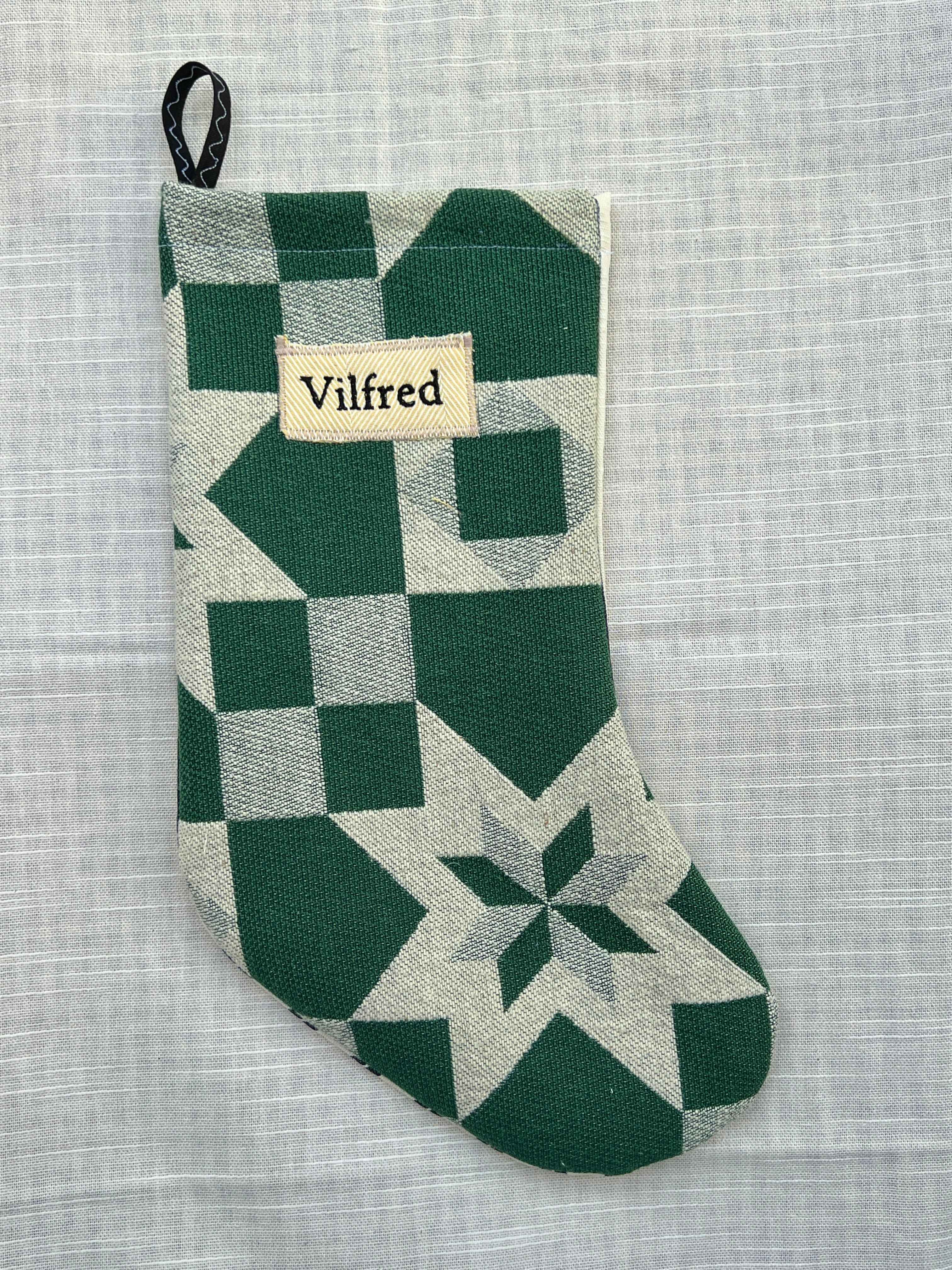 Made to order julesok i dobbeltvævet grønt vintage tekstil - tilføj navn og motiv