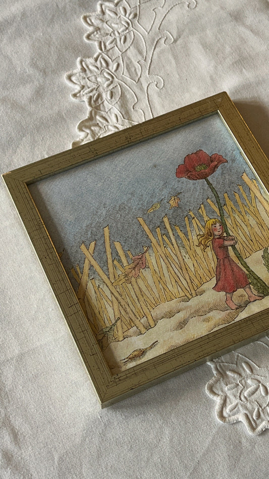 Tommelise illustration i træramme - valmue