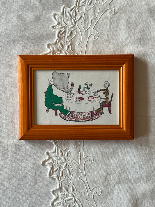Babar illustration i træramme - middag med Celeste